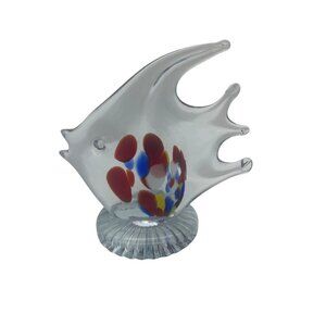 Vintage Clear Art Glass Fish Paperweight Multicolored Spots 5" Beach Decor
